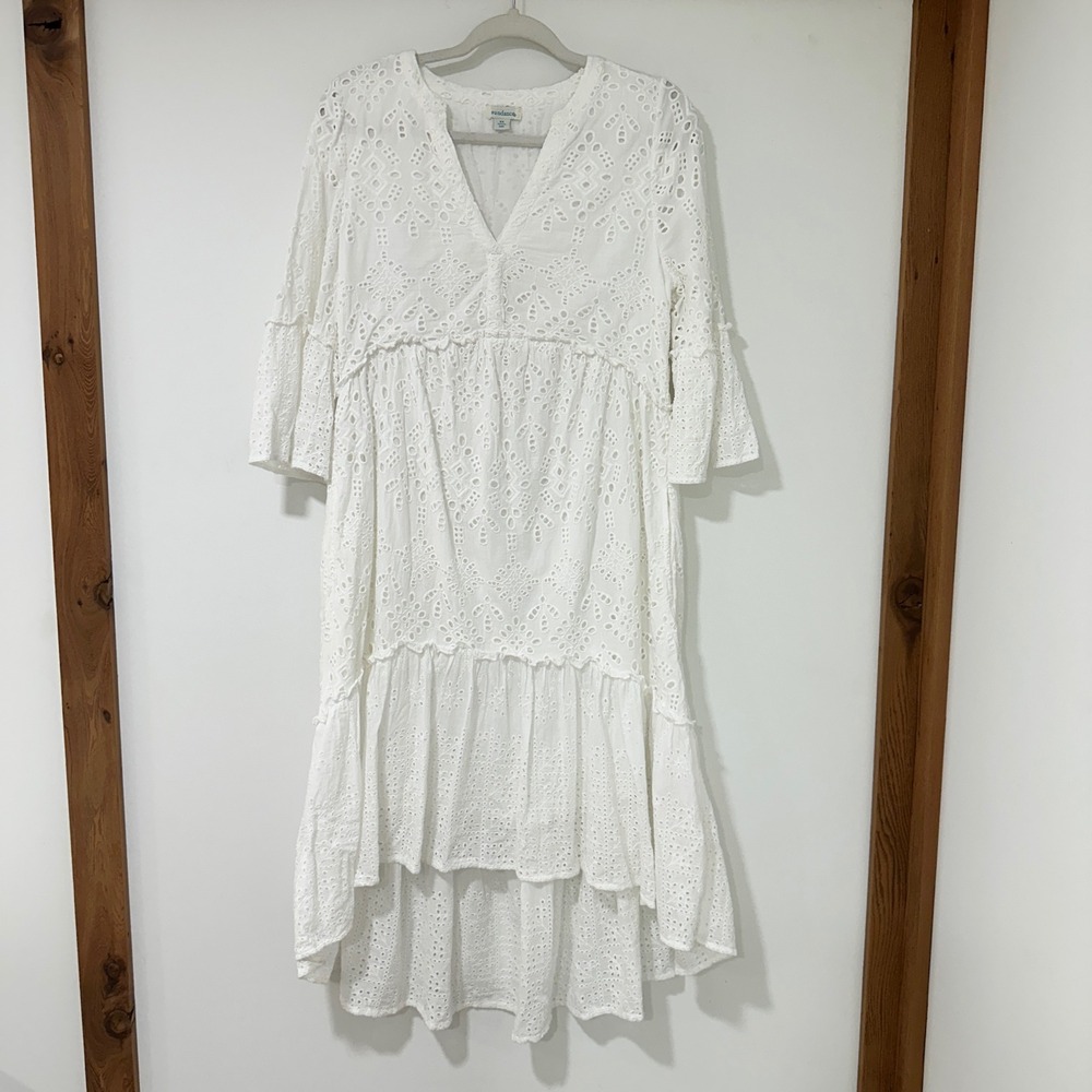 Sundance White Eyelet Lace Midi Dress Womens XS High Low V-Neck Boho Cotton